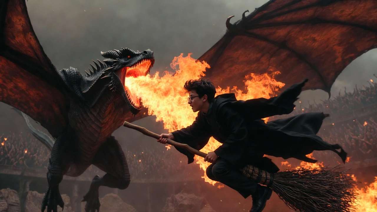 Harry Potter flying on his Firebolt to retrieve the golden egg from the Hungarian Horntail dragon during the first Triwizard task