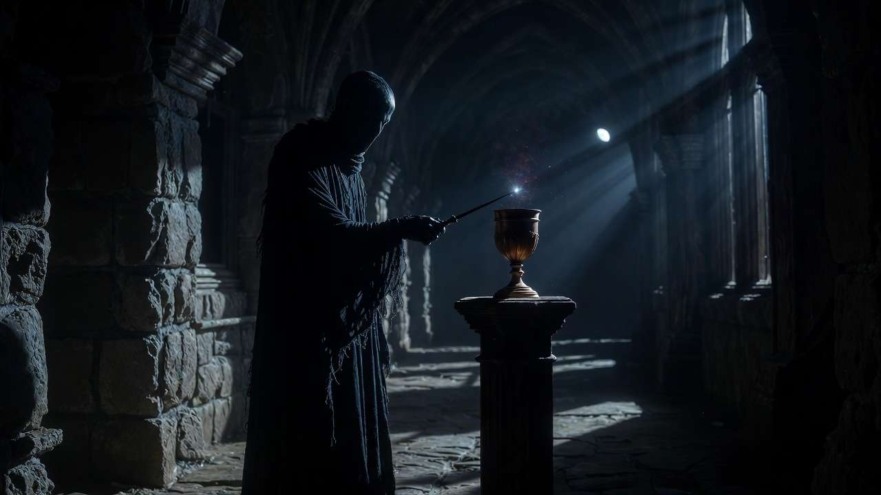 Shadowy figure casting a spell on the Goblet of Fire in a Hogwarts corridor, hinting at the mystery of Harry's name