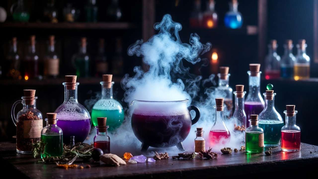 Colorful potion making station with cauldrons and dry ice for Harry Potter themed party game