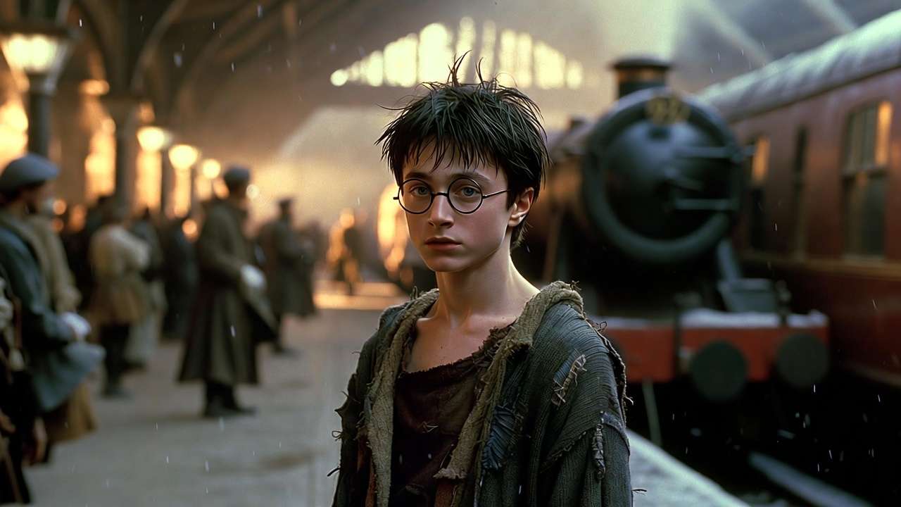 Young Harry Potter age 11 small and skinny at Platform 9¾ showing early book canon height description