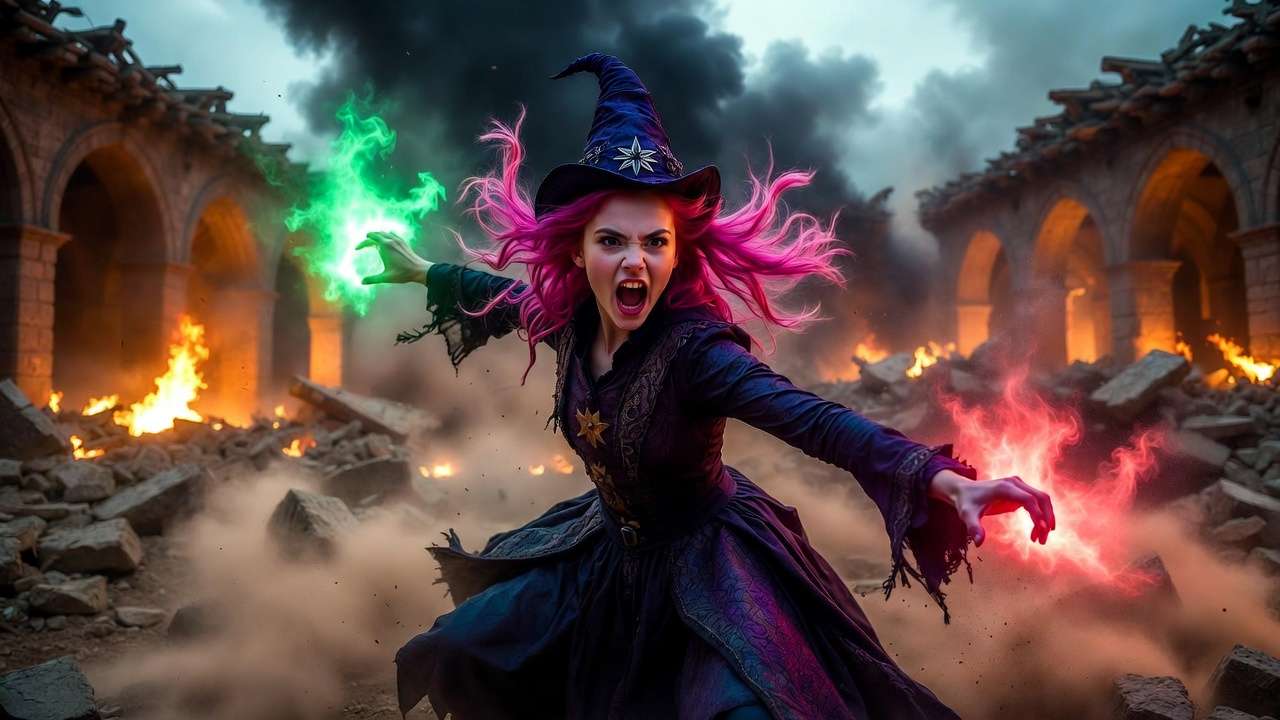 Nymphadora Tonks fighting bravely during the Battle of Hogwarts in Harry Potter