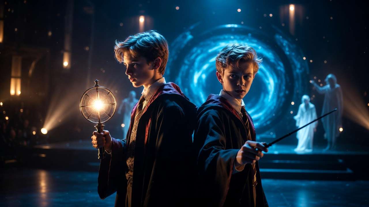 Albus Potter and Scorpius Malfoy on stage with Time-Turner in Harry Potter and the Cursed Child theatrical production