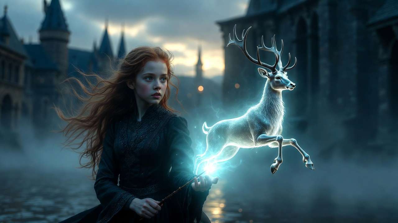 Lily Potter casting doe Patronus charm, symbol of love and protection Harry Potter