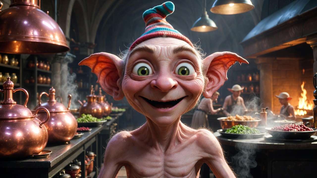 Happy house-elf Dobby in Hogwarts kitchens symbolizing freedom and the positive side of Hermione's S.P.E.W. efforts.