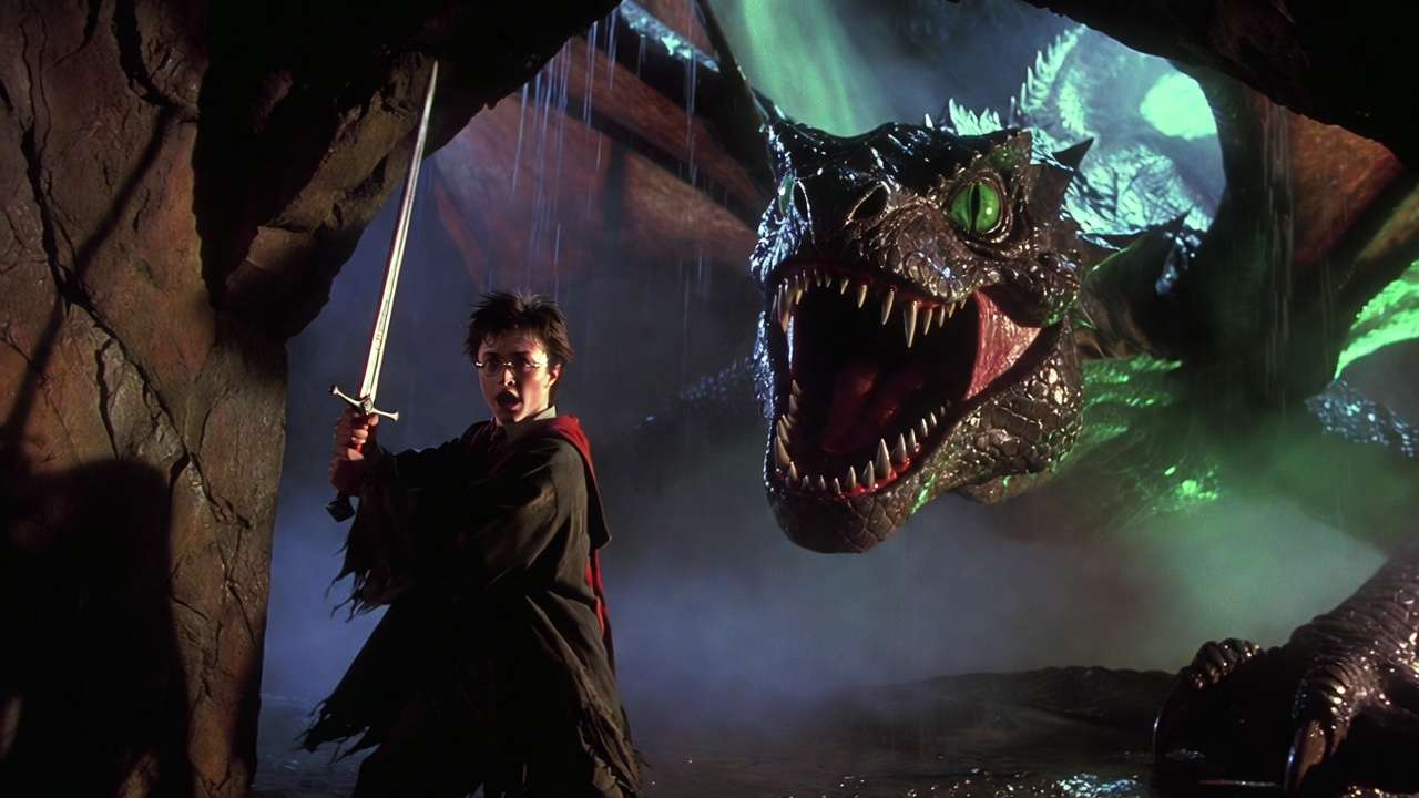 Harry Potter battling the basilisk in Chamber of Secrets iconic scene