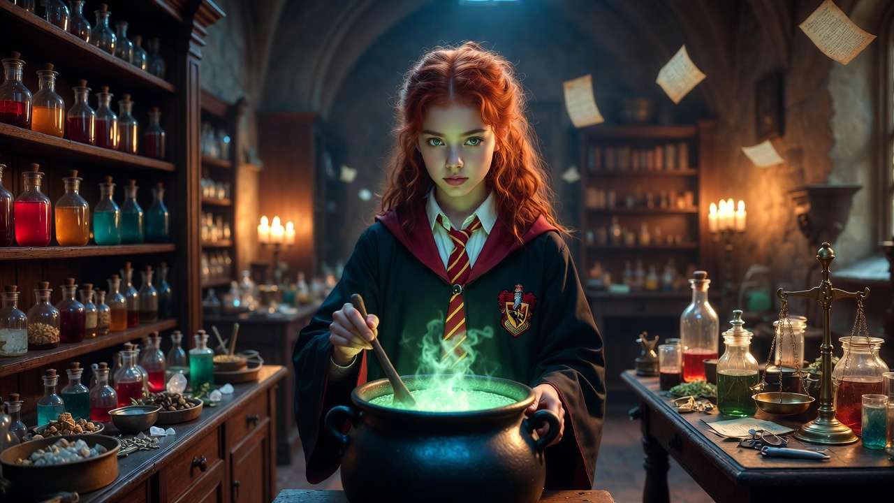 Lily Evans Potter excelling in Potions at Hogwarts, talented witch brewing advanced potion