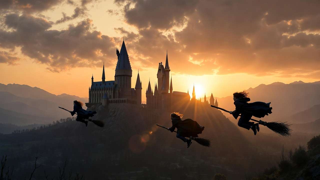 Young wizards flying over Hogwarts Castle at sunset Harry Potter adventure