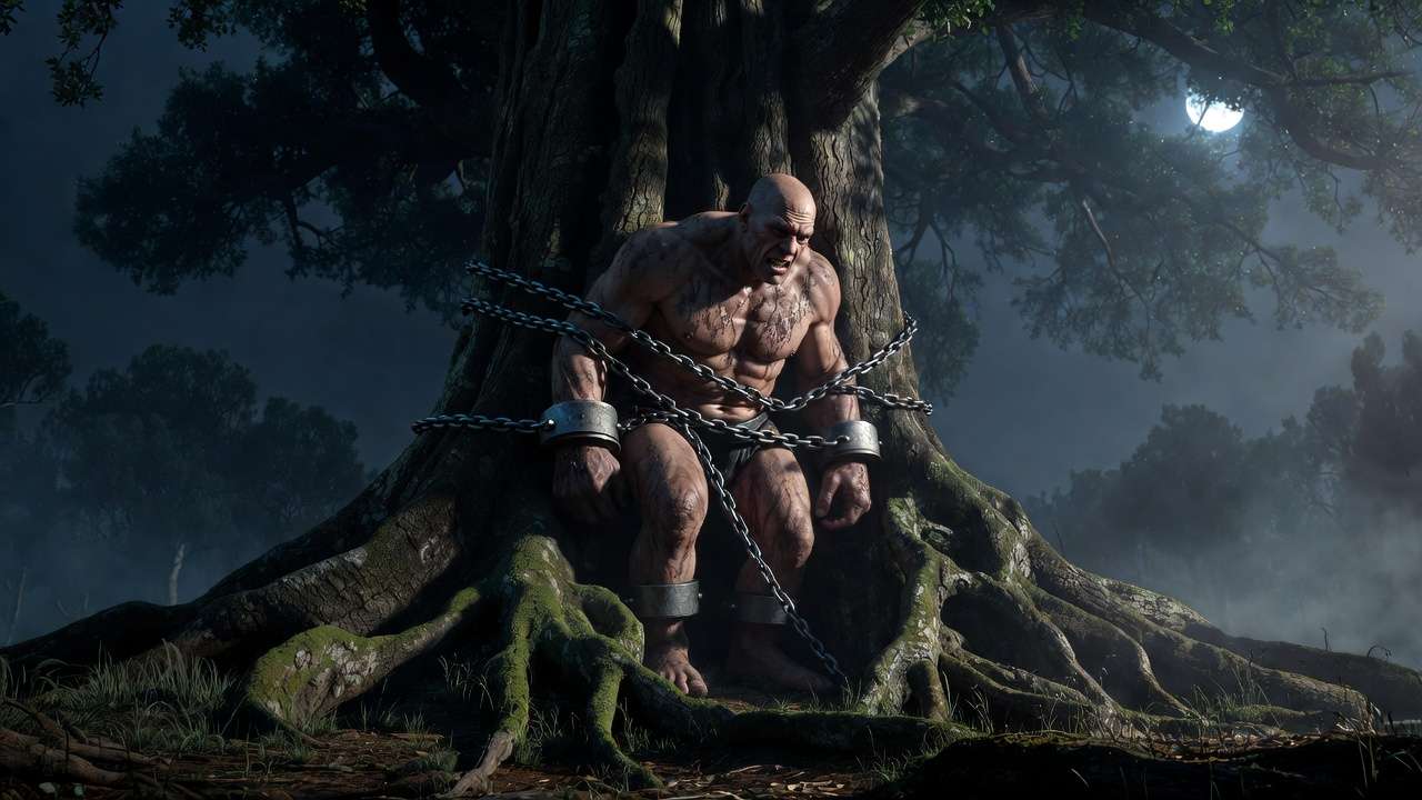 Grawp chained to a tree in the Forbidden Forest upon arrival, illustrating his early violent and outcast phase