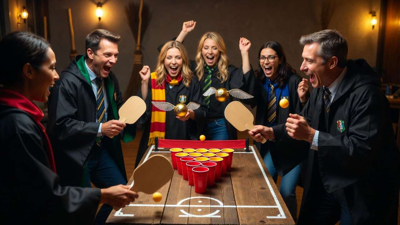 Friends playing Quidditch pong game at Harry Potter themed party with house scarves and snitch balls