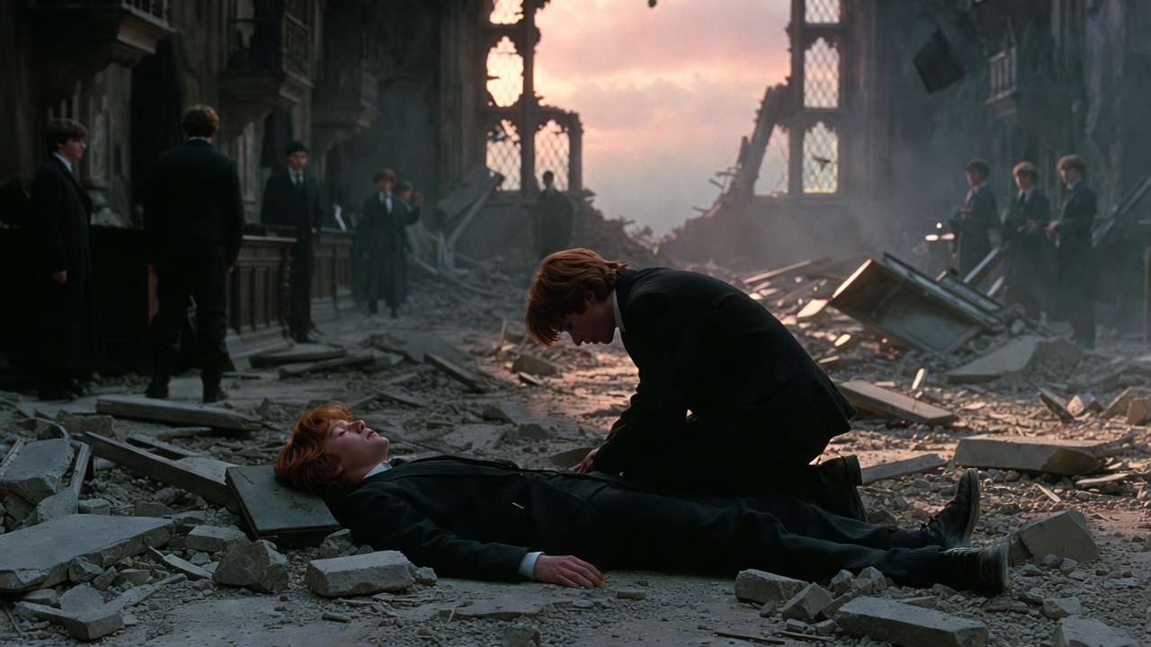 Fred Weasley's death and George mourning in the Battle of Hogwarts Great Hall