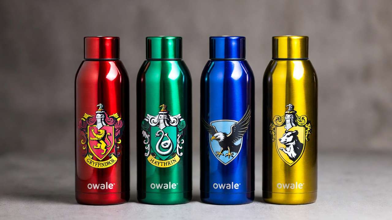 Four Harry Potter Owala FreeSip water bottles in Gryffindor, Slytherin, Ravenclaw, and Hufflepuff designs side by side