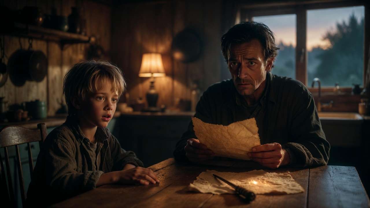 Seamus Finnigan young with his Muggle father experiencing the family magic reveal moment in cozy Irish home