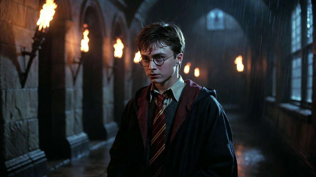 Daniel Radcliffe as teenage Harry Potter facing inner struggles and fame pressure in Hogwarts corridor