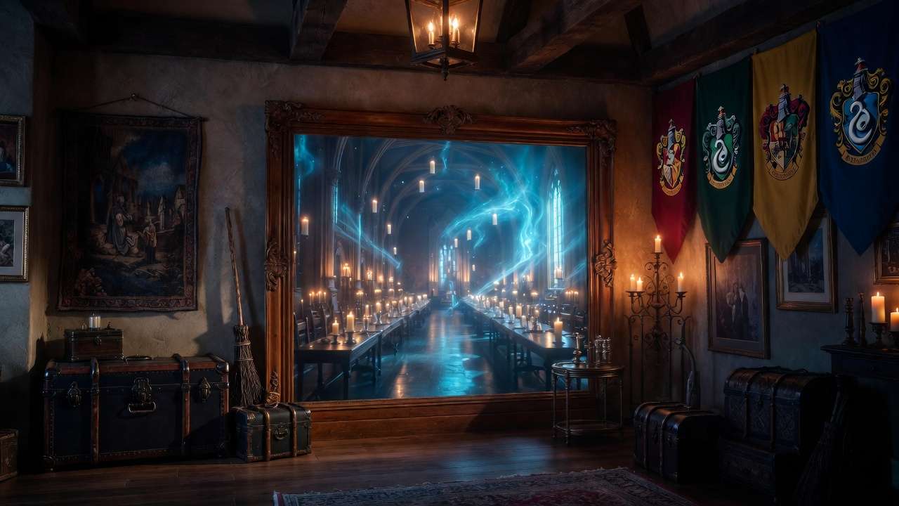 Pottery Barn Harry Potter mirror collection display with lit Great Hall hologram in magical home decor setup.