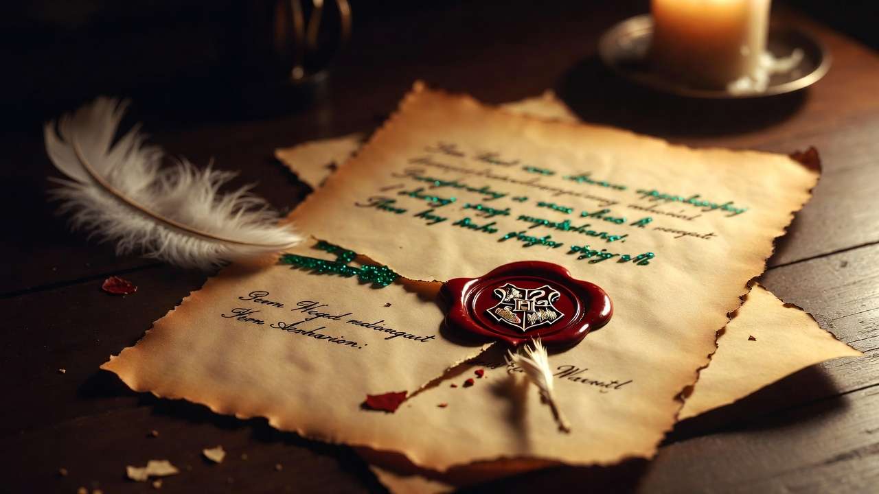 Close-up of an authentic-looking open Hogwarts acceptance letter with broken red wax seal and green ink on parchment, Harry Potter style