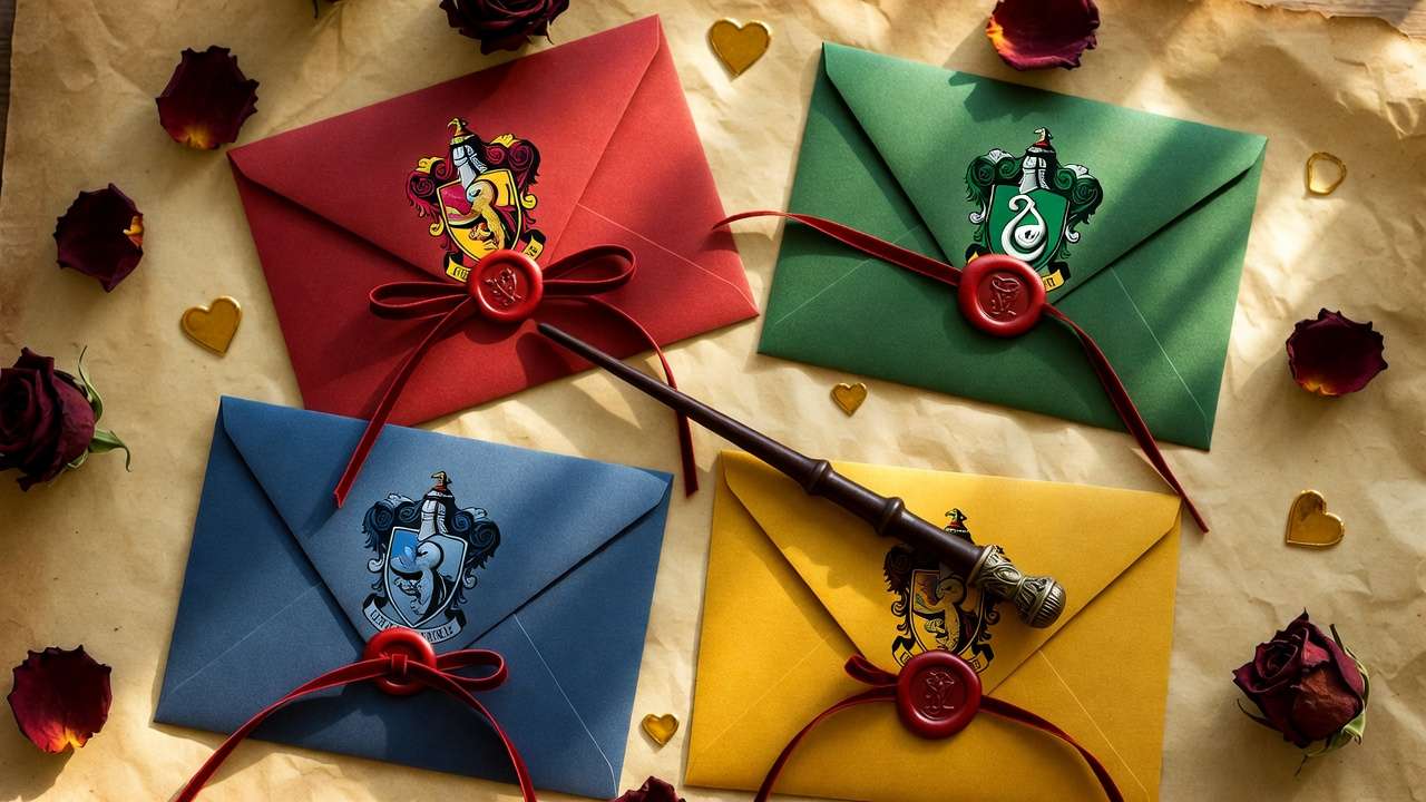 Personalized Harry Potter Valentine stationery with house crests, wax seals, and magical details