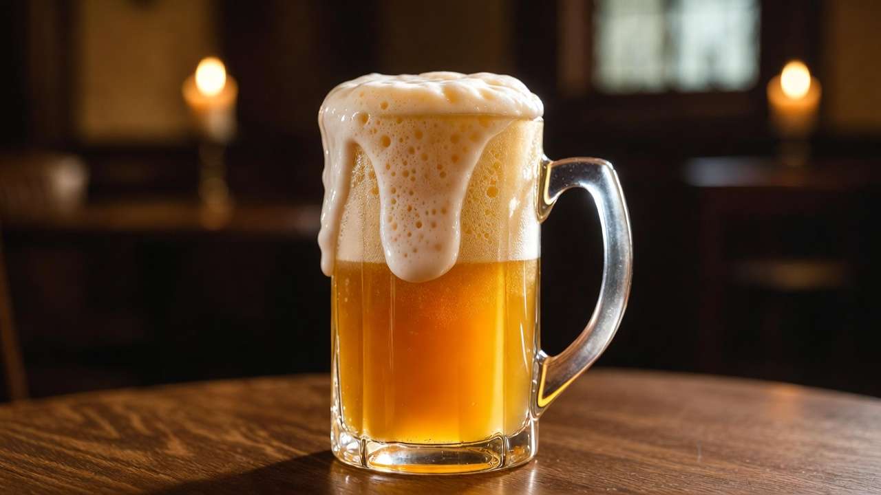Close-up of frothy classic non-alcoholic Butterbeer in a mug with thick whipped cream topping