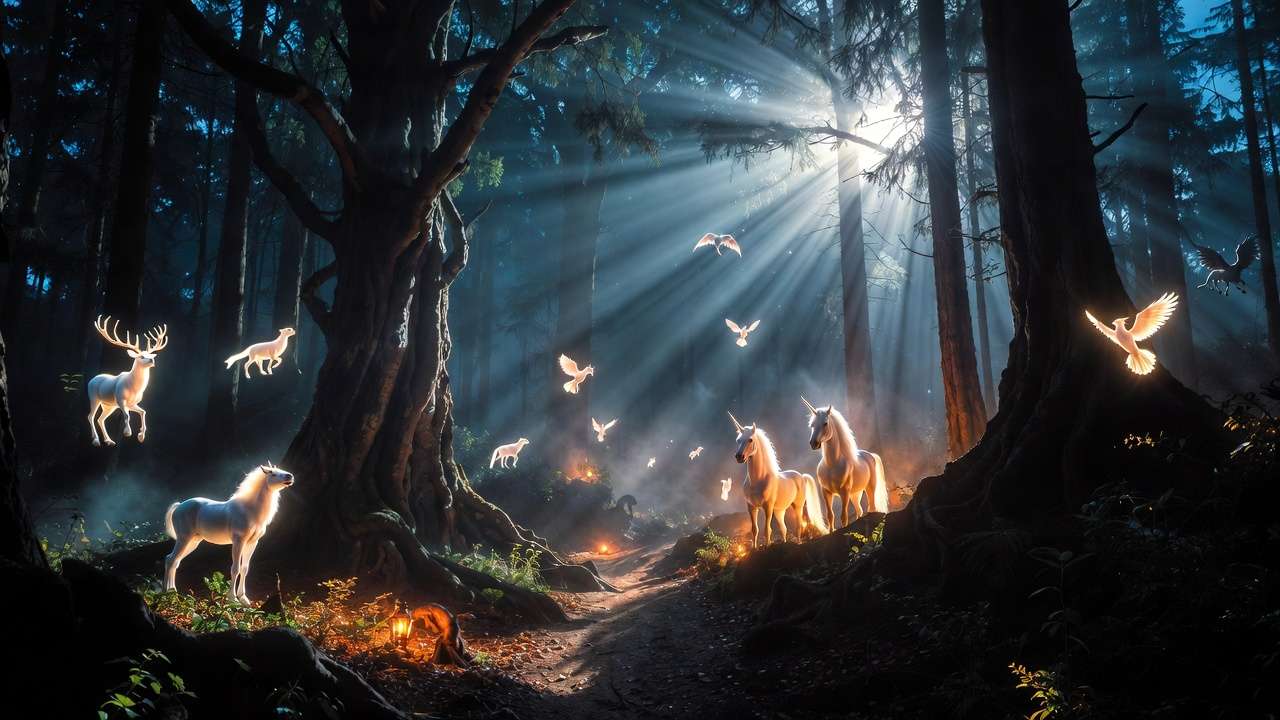 Immersive nighttime trail of Harry Potter Forbidden Forest Experience with glowing Patronuses, unicorns and Hippogriffs in misty woodland