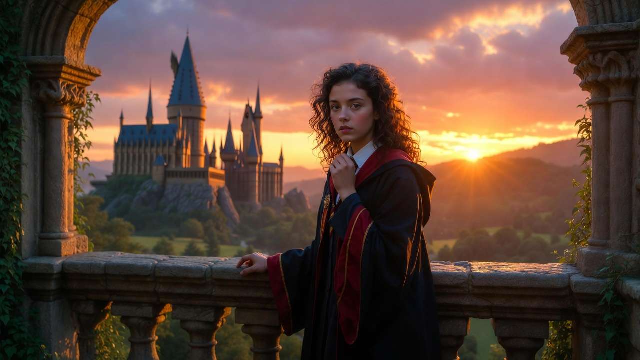 Hermione Granger reflecting on her S.P.E.W. legacy with Hogwarts castle at sunset, showing the enduring influence of her house-elf welfare campaign.