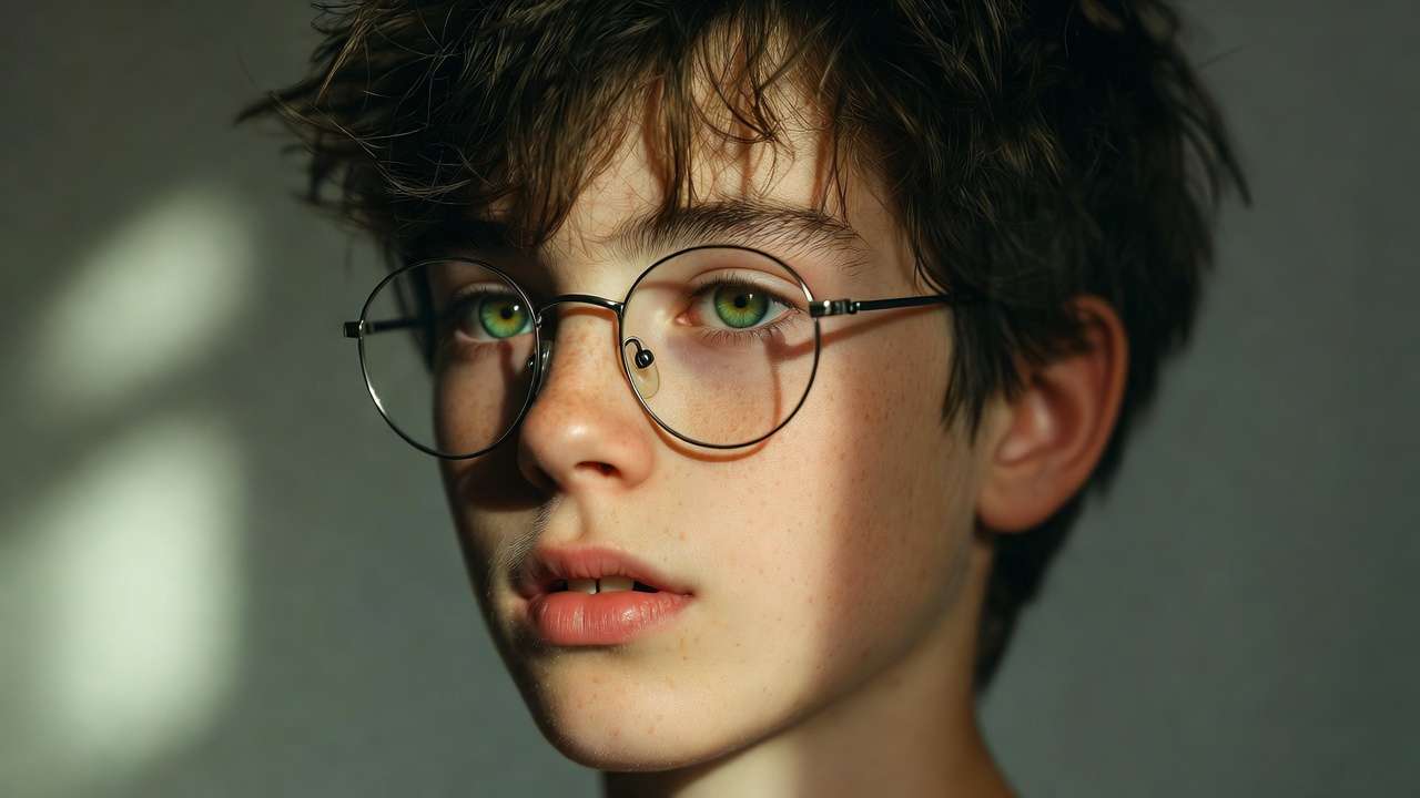 Toby Woolf young British actor portrait with green eyes and messy hair