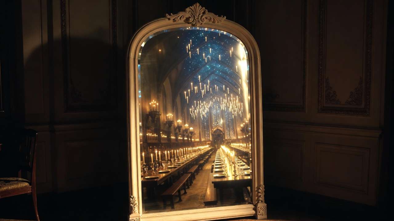 Pottery Barn Harry Potter lit mirror showing normal reflection and activated Great Hall hologram effect.