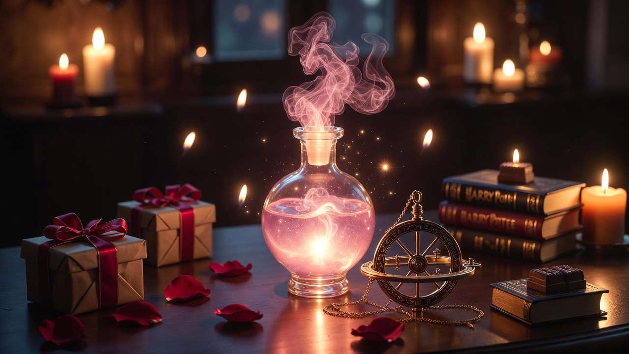 Romantic Harry Potter Valentine gift setup with Amortentia potion, Time-Turner jewelry, and magical candlelight