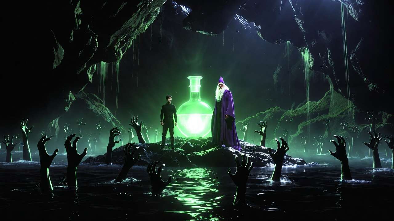 Harry and Dumbledore in the Inferi cave scene from Harry Potter and the Half-Blood Prince, capturing the film's emotional depth and visual mastery.