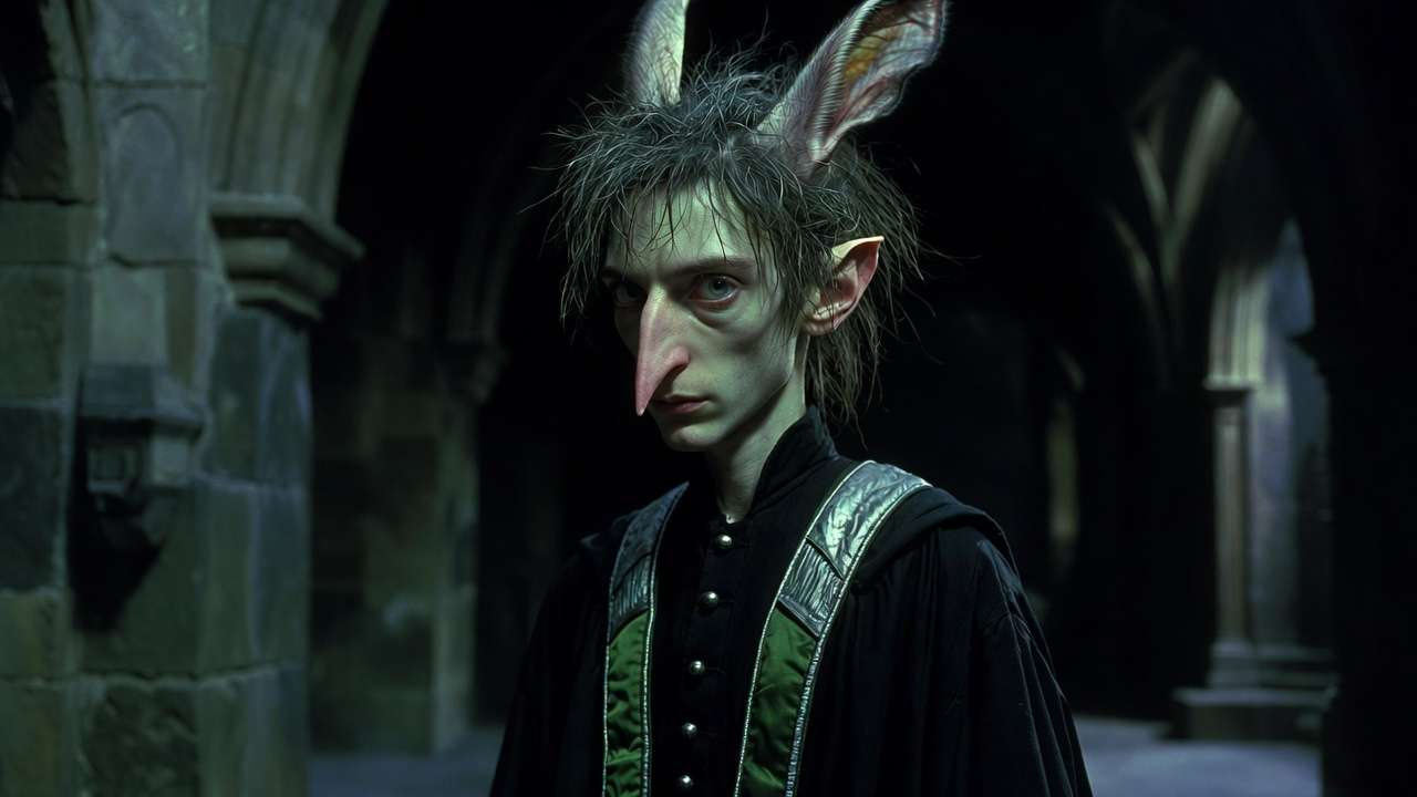 Theodore Nott as a tall, thin Slytherin student in Hogwarts robes, mysterious lone figure in dimly lit corridor