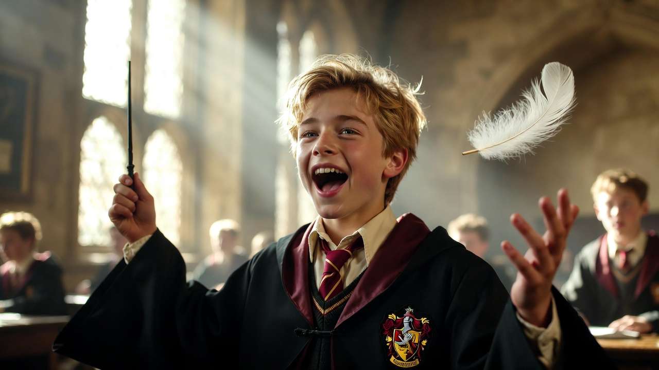 Young Seamus Finnigan successfully casting Wingardium Leviosa in Hogwarts Charms class, early years moment