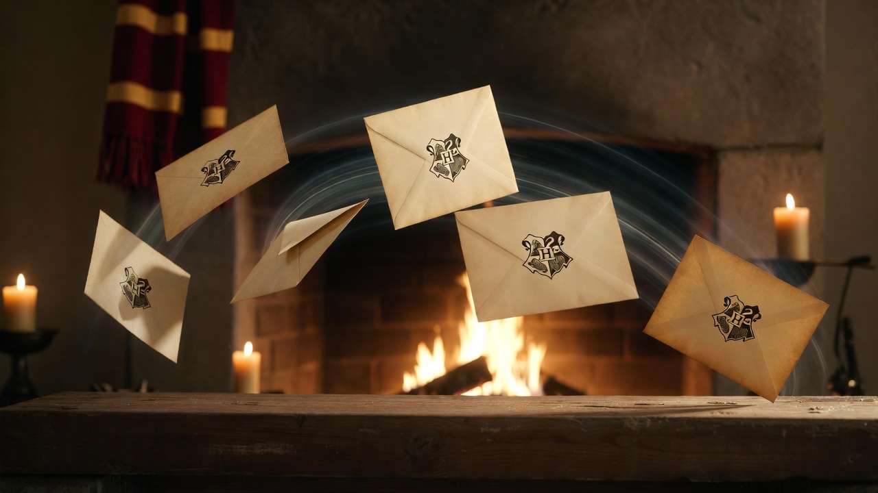 Floating Hogwarts acceptance letters displayed magically above a fireplace for Harry Potter themed decor and parties