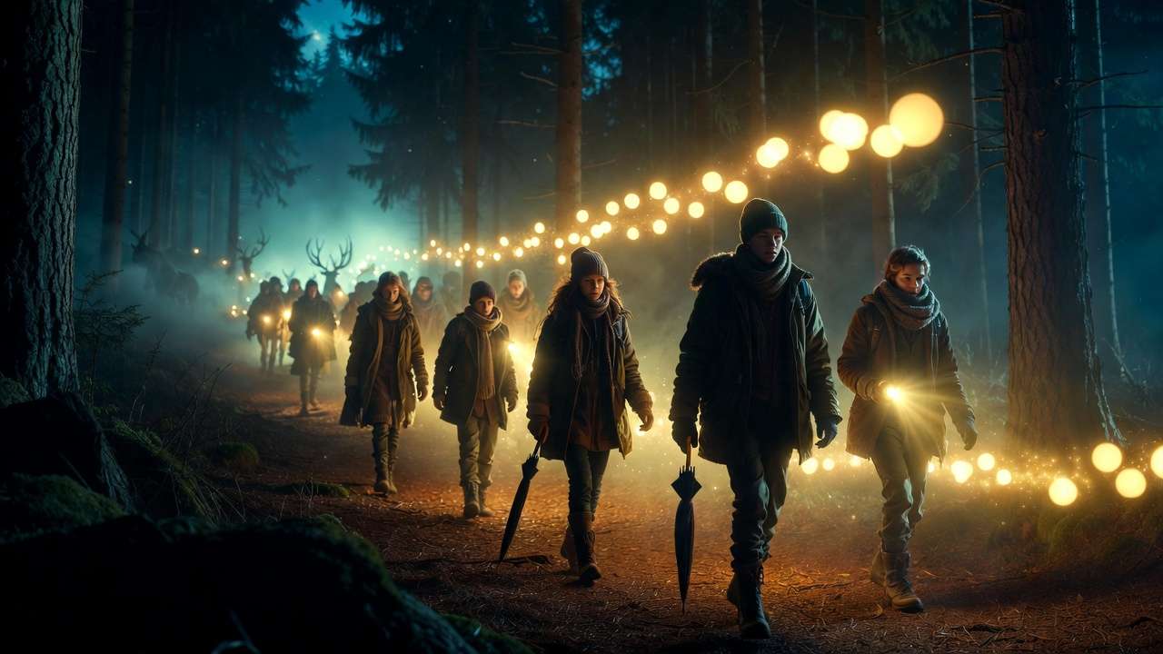 Visitors dressed warmly walking misty trail at Harry Potter Forbidden Forest Experience in cold evening weather