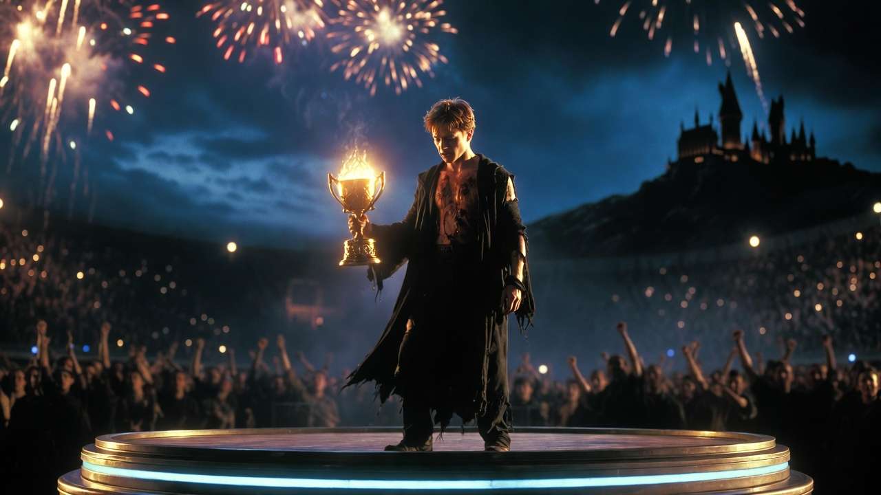 Harry Potter holding the Triwizard Cup after surviving the deadly tournament and witnessing Voldemort's return