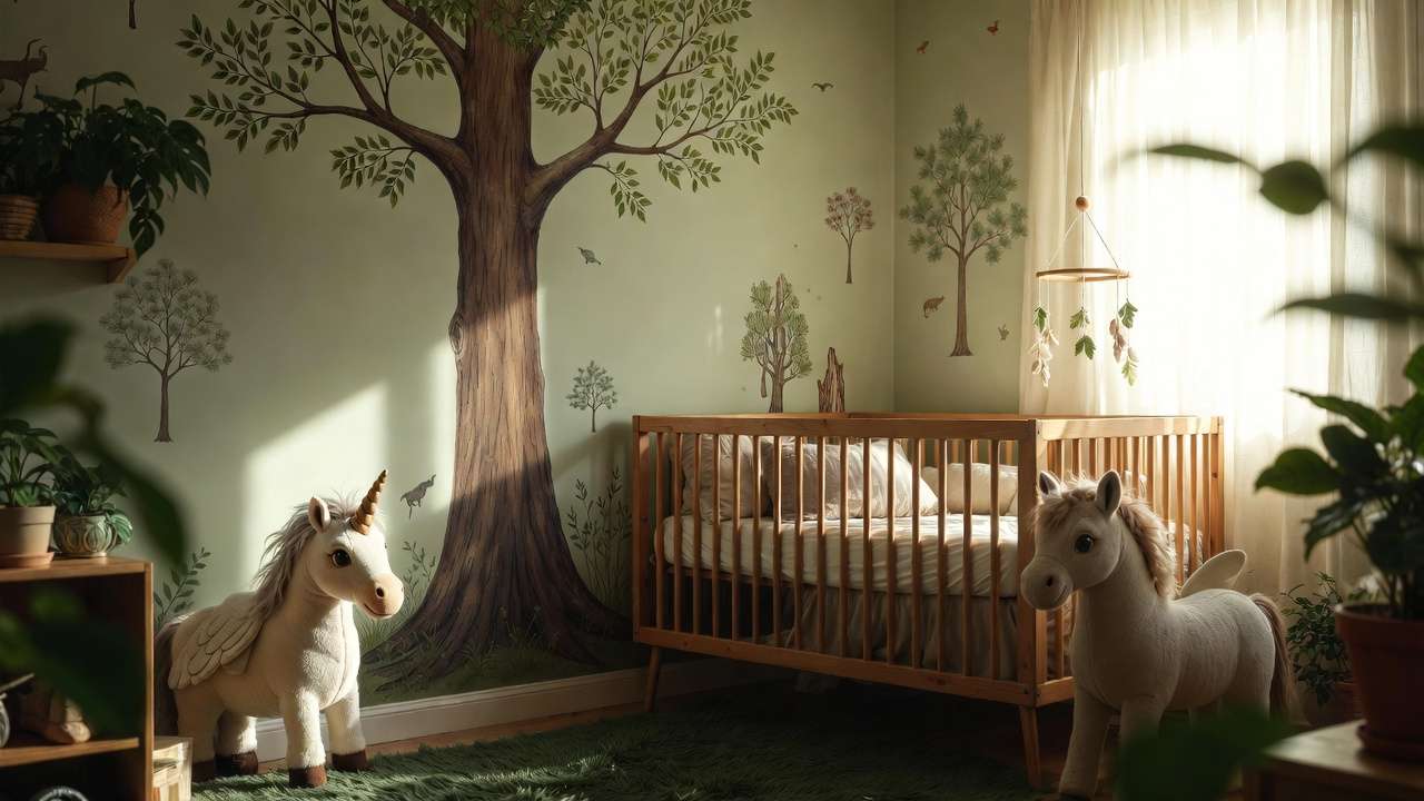 Forbidden Forest themed Harry Potter nursery with gentle woodland elements and magical creature plush