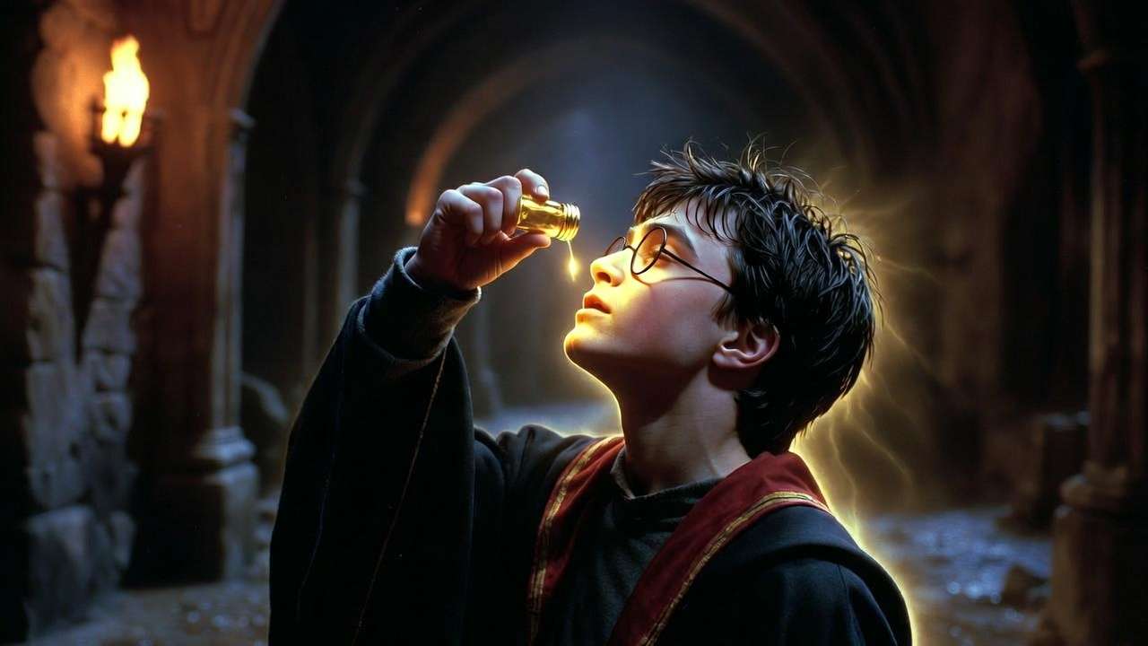 Harry Potter drinking Felix Felicis Liquid Luck feeling invincible