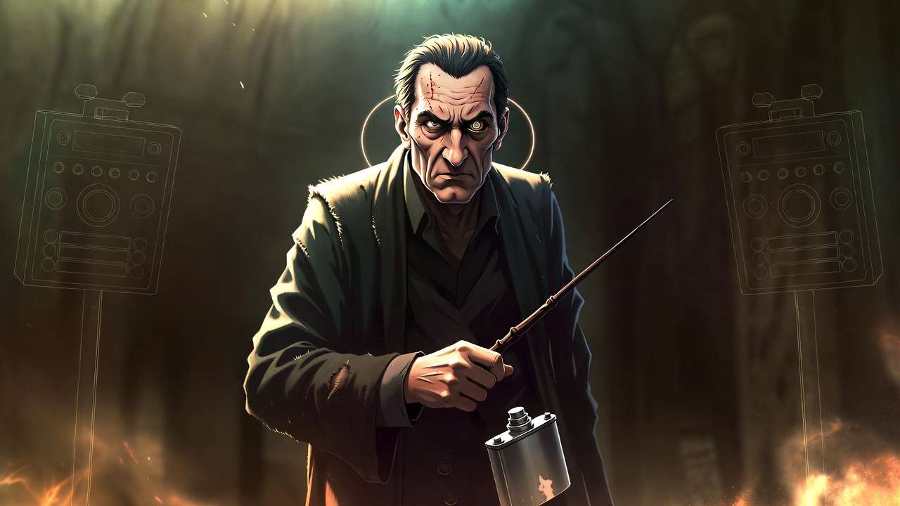 Mad-Eye Moody constant vigilance pose with wand and magical eye Harry Potter