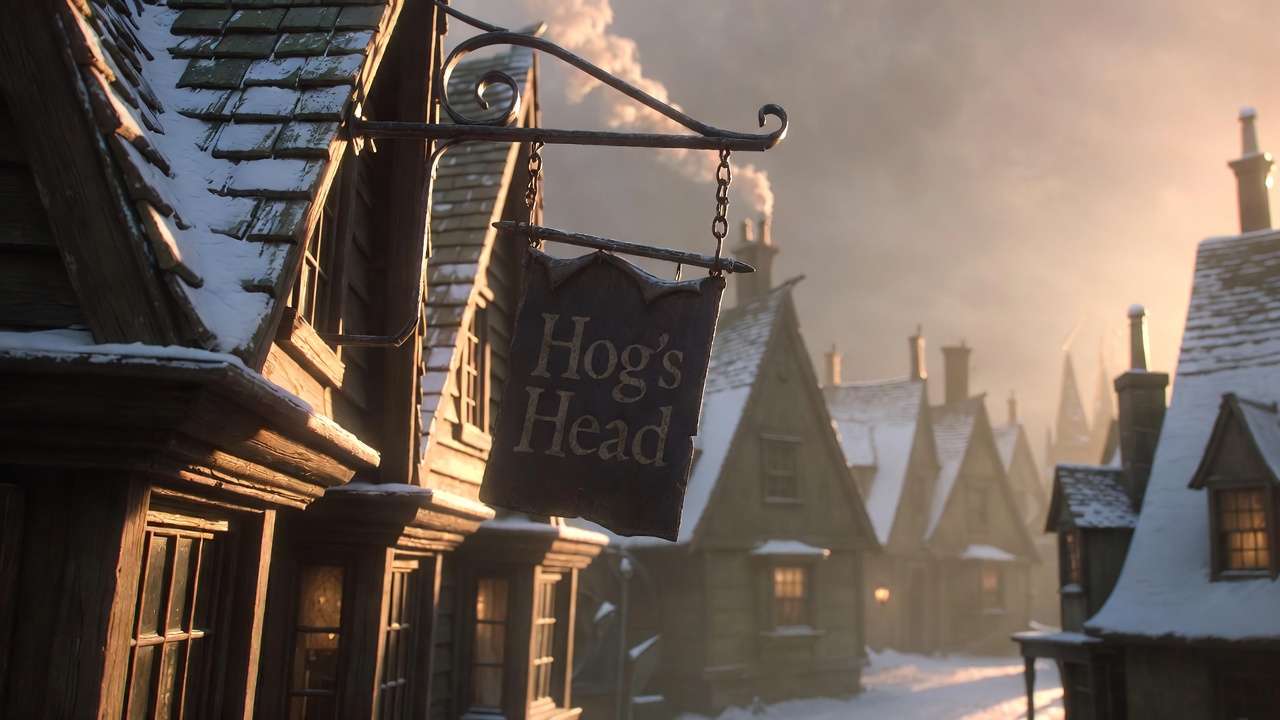 Hog's Head pub at dawn after the Battle of Hogwarts, symbolizing Aberforth's quiet heroism