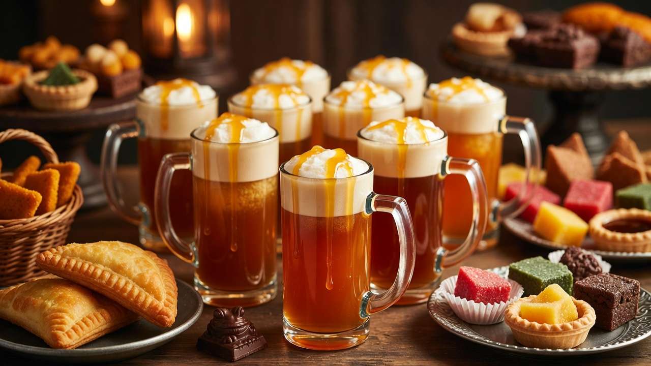 Magical butterbeer and Hogwarts-inspired treats on a festive celebration table
