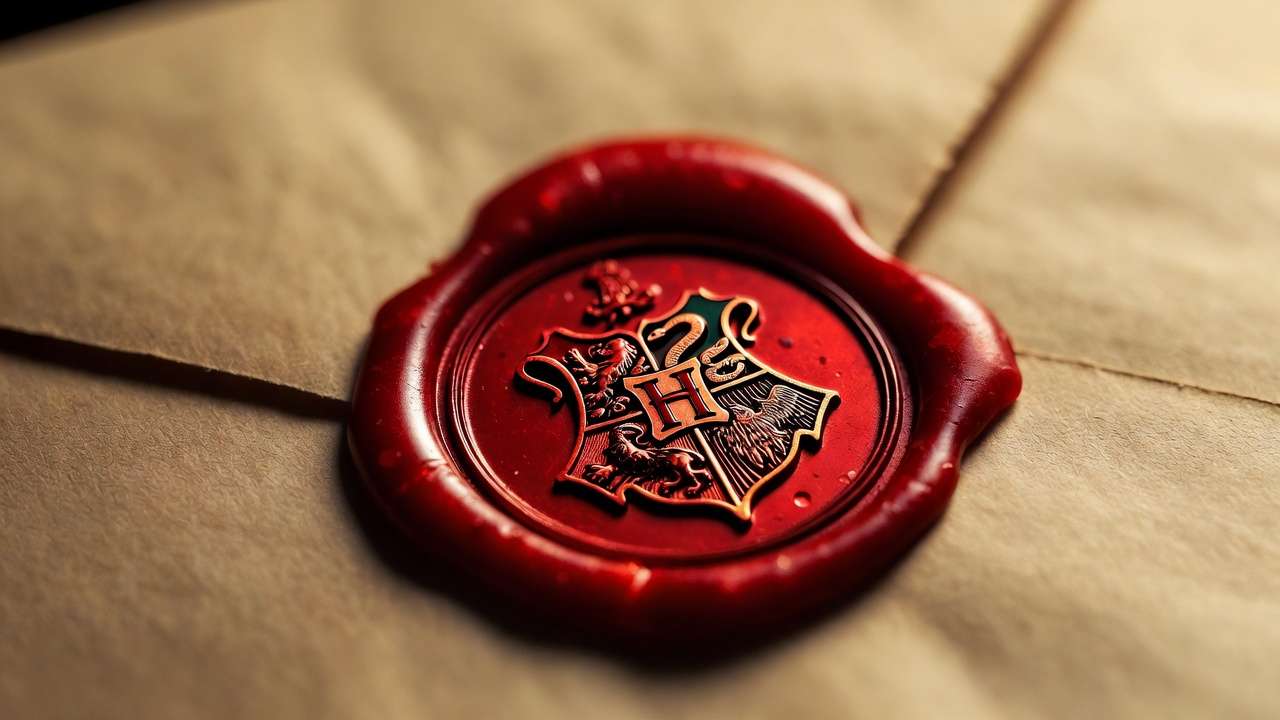 Close-up of authentic red wax Hogwarts seal stamped on parchment envelope, Harry Potter DIY detail