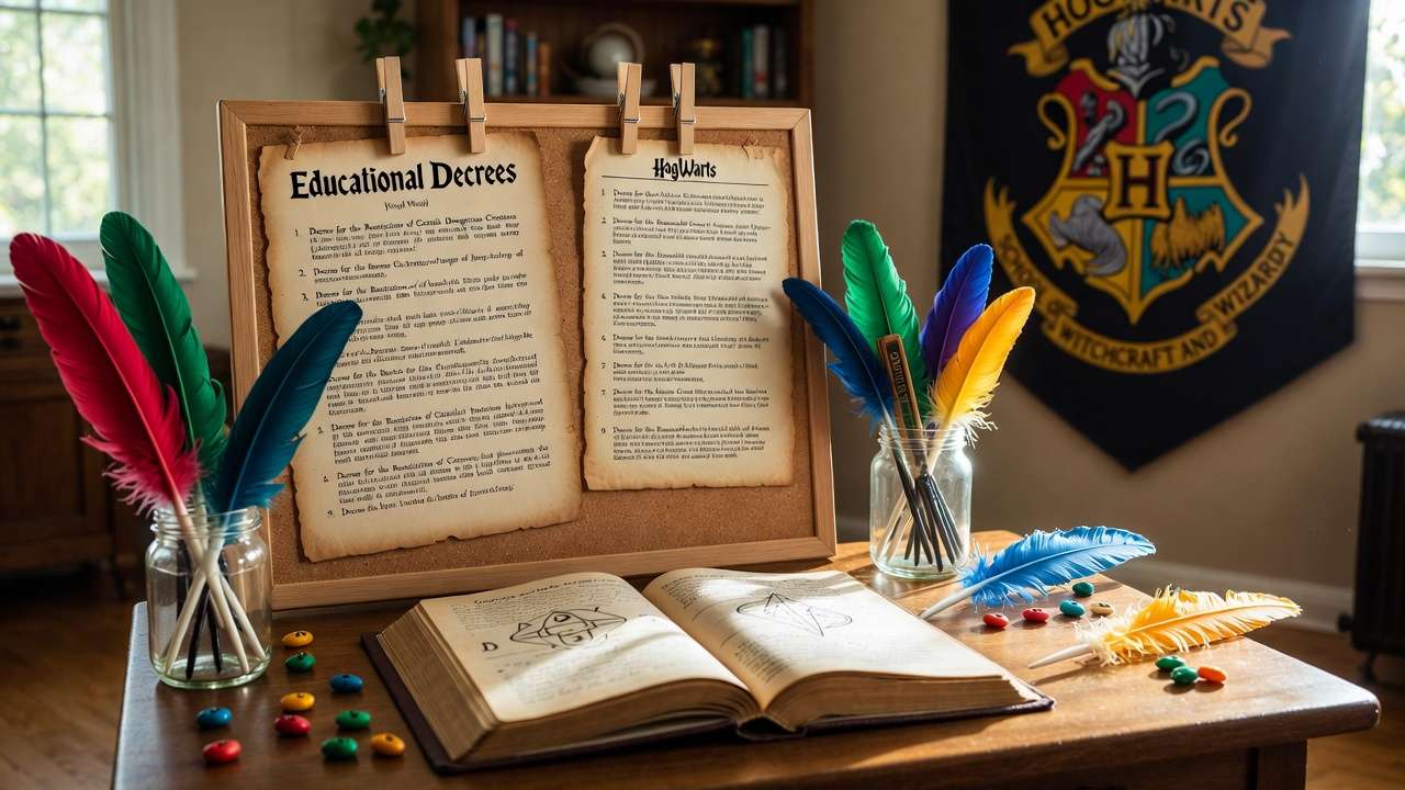 Homeschool desk decorated with Harry Potter Educational Decrees and magical accessories