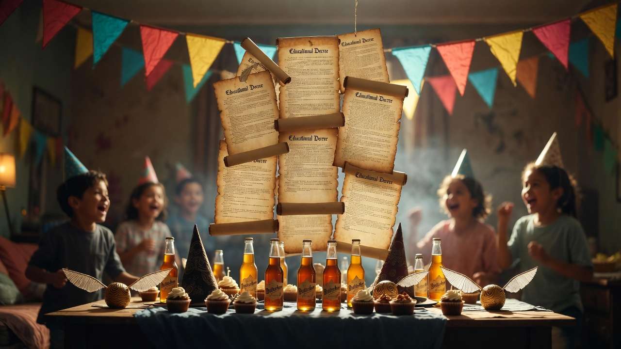 Harry Potter birthday party wall display featuring Educational Proclamations printables