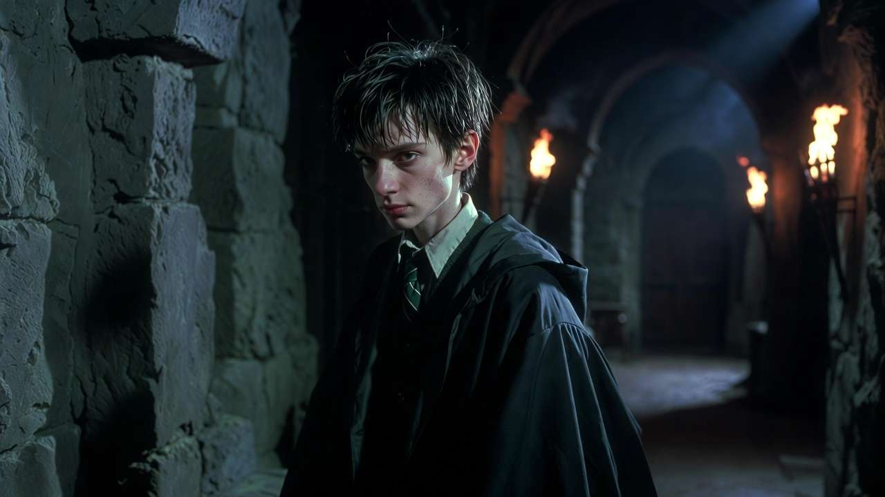 Young Theodore Nott Slytherin student portrait in Hogwarts corridor