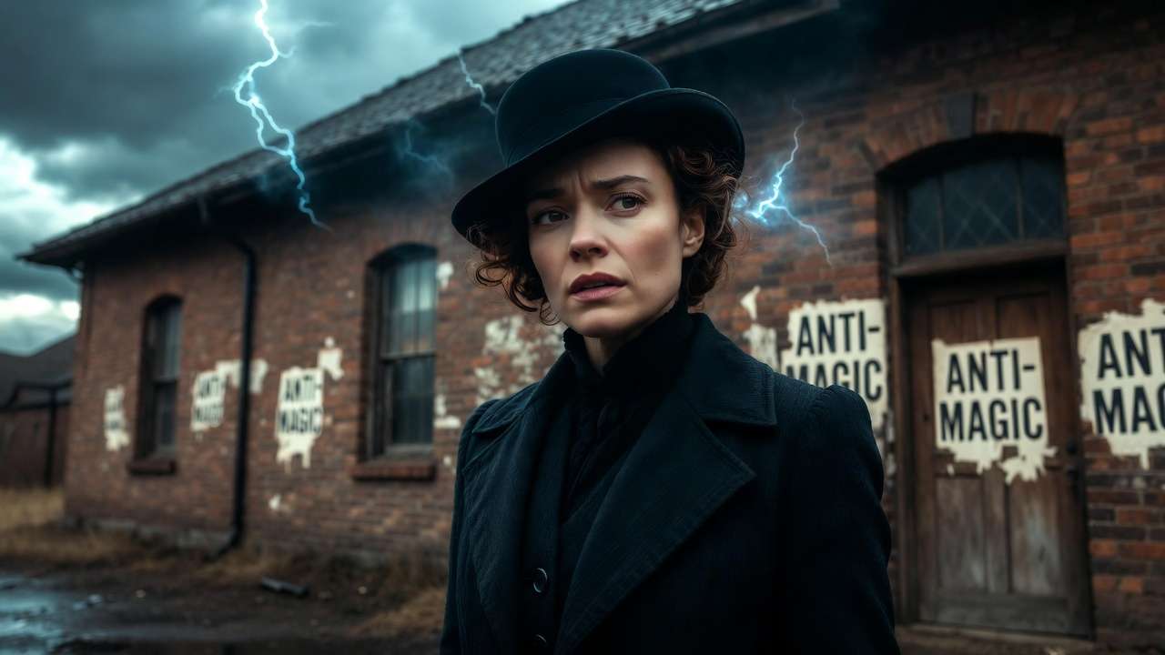 Mary Lou Barebone leading anti-magic sentiment as a prominent No-Maj in Fantastic Beasts