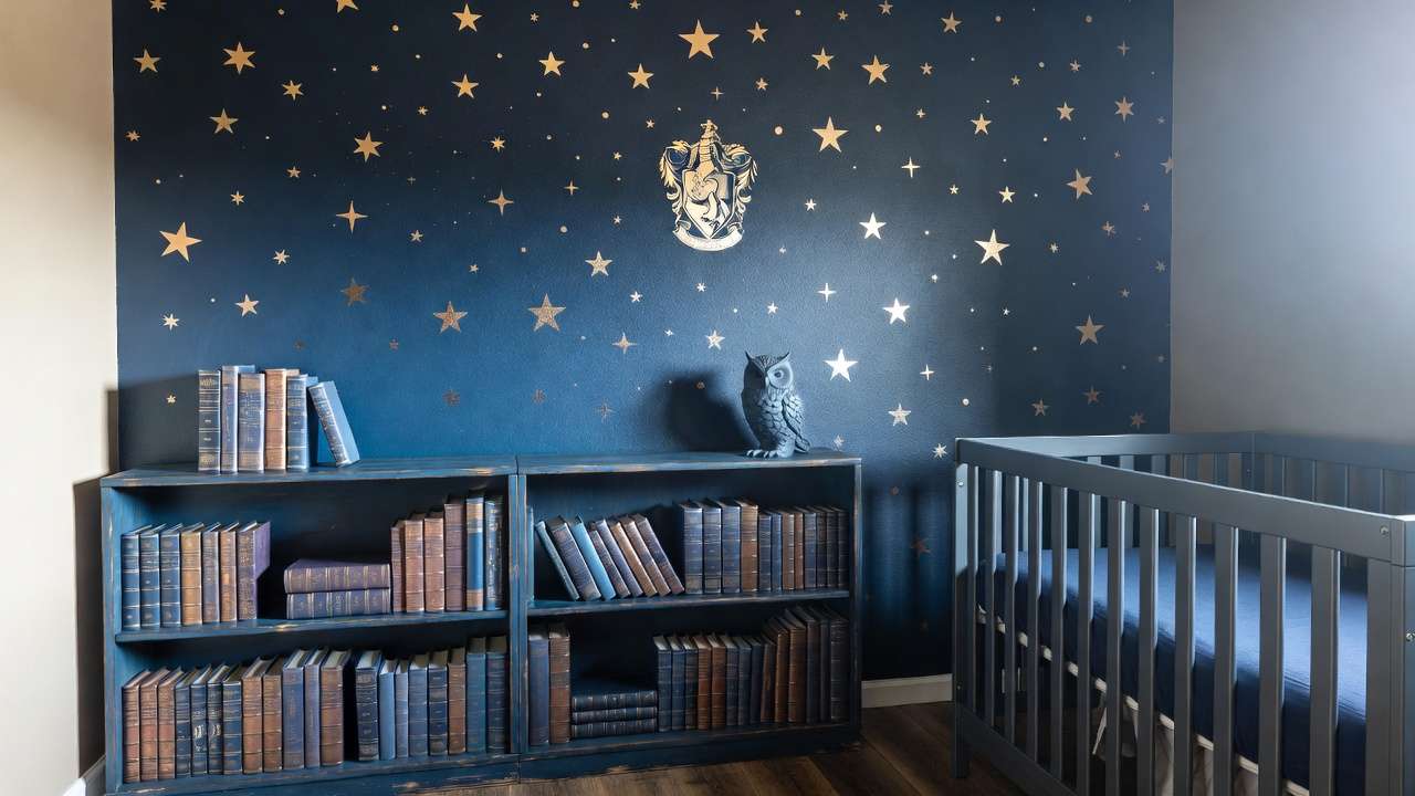 Forbidden Forest themed Harry Potter nursery with gentle woodland elements and magical creature plush