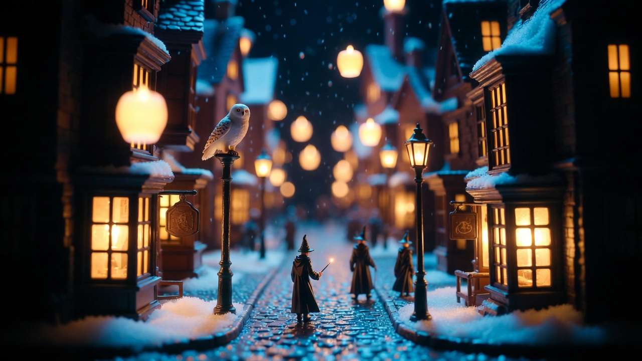 Nighttime Harry Potter Village street with glowing Hogsmeade shops, floating candles, and snowy magical ambiance