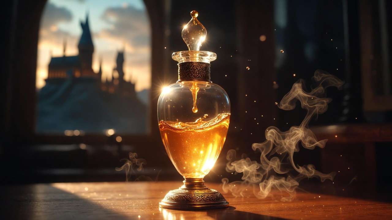 Felix Felicis potion glowing golden liquid in vial Harry Potter Liquid Luck