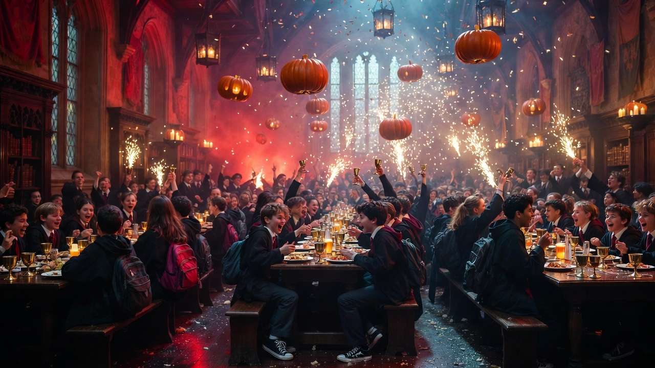 Joyful Gen Z-inspired Great Hall feast at Hogwarts with magical celebration vibes