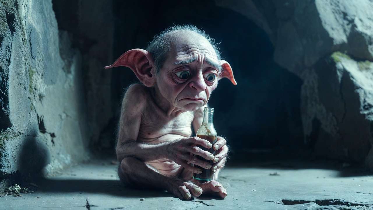 Depressed house-elf Winky after being freed, highlighting the unintended consequences in Hermione's spew campaign.