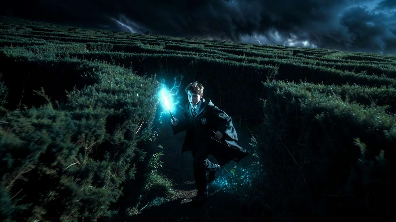 Harry Potter navigating the dangerous enchanted hedge maze in the final Triwizard Tournament task
