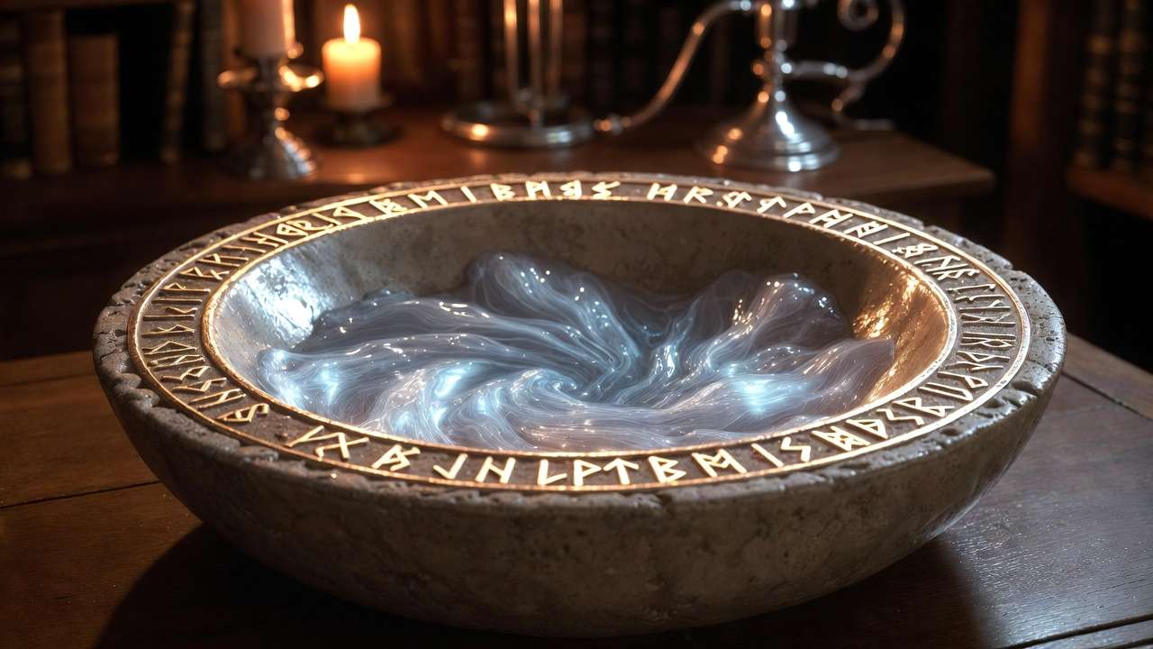 Ancient stone Pensieve basin with glowing runes and swirling silver memories in Dumbledore’s office