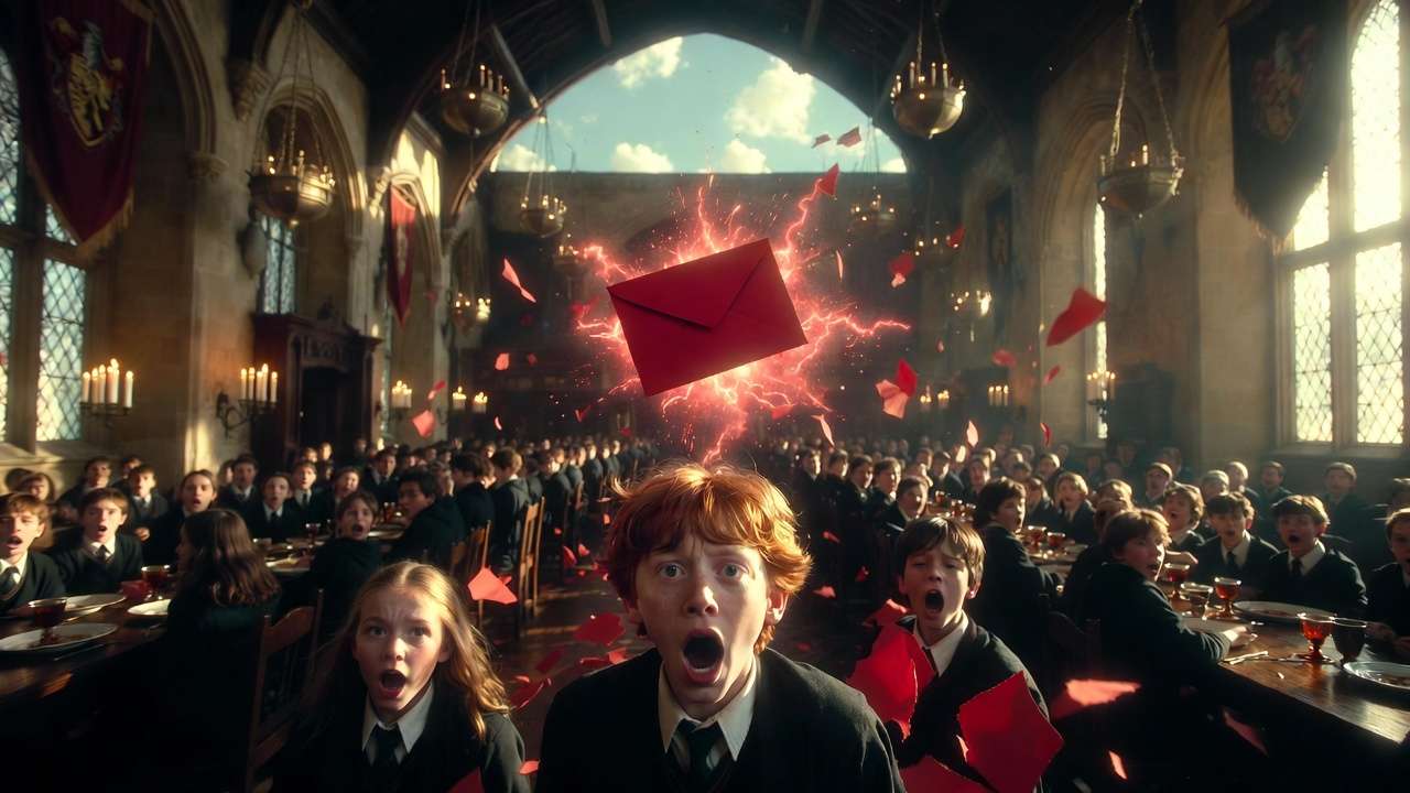 Iconic Ron Weasley Howler scene in Hogwarts Great Hall from Chamber of Secrets, red envelope exploding with students watching
